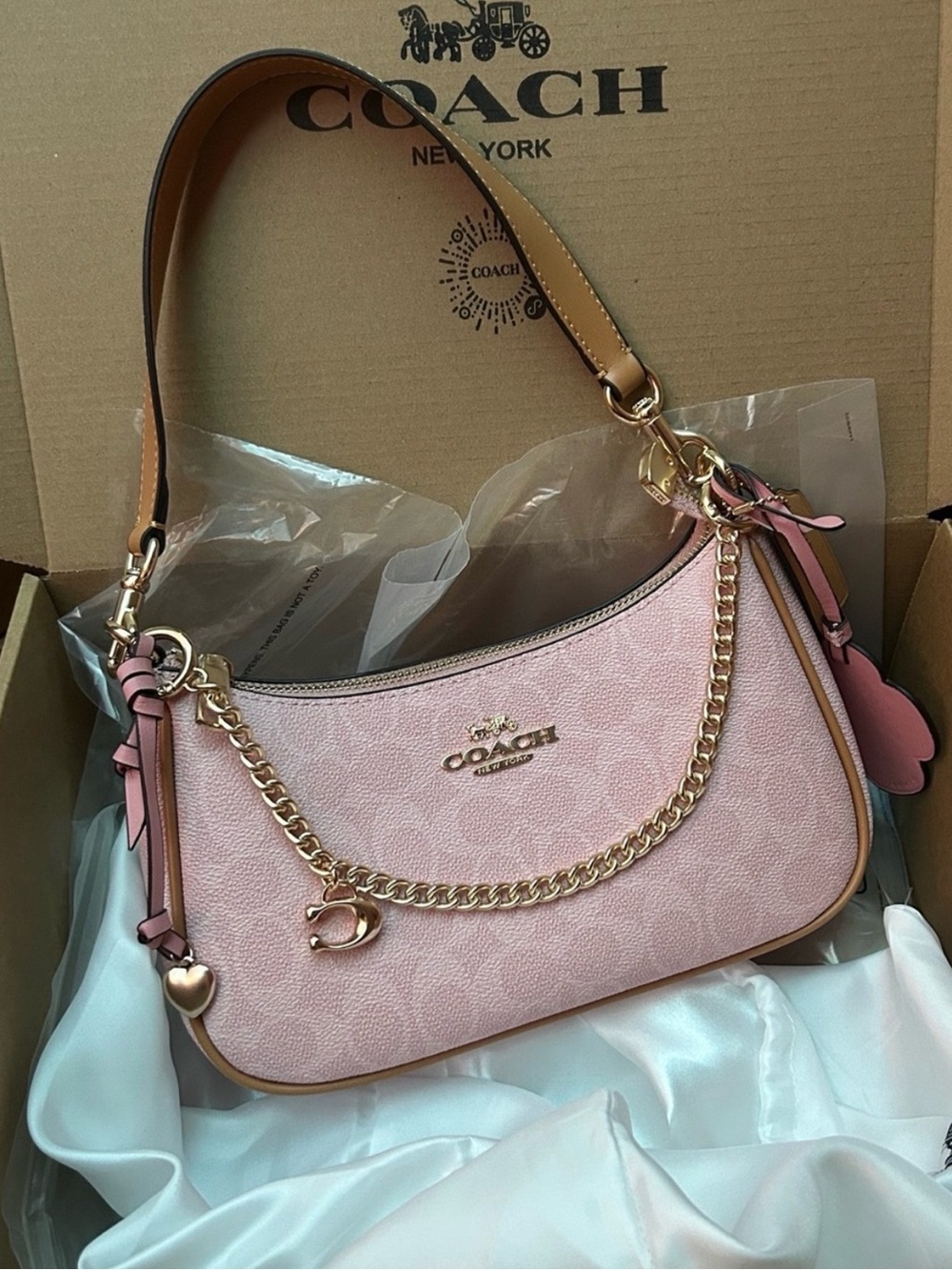 Coach Pink Logo Chain Shoulder Bag with Gold Hardware